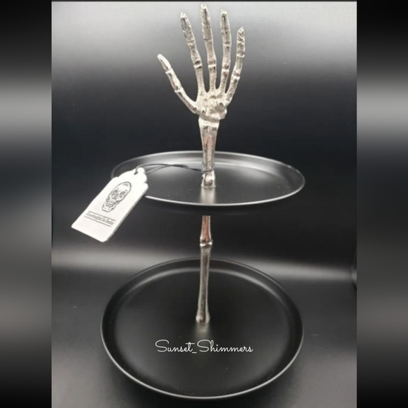 HALLOWEEN Metal Skeleton Hand 2 Tier Footed Serving Stand Appetizer Dessert Tray - Picture 1 of 12